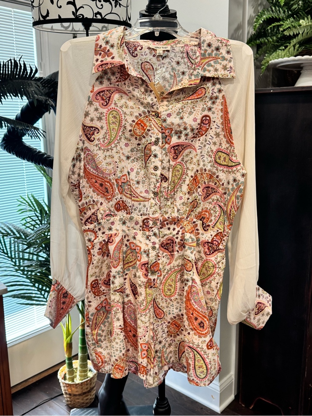 Paisley Print Long Sleeve Jumper - Ivory with Coral & Green